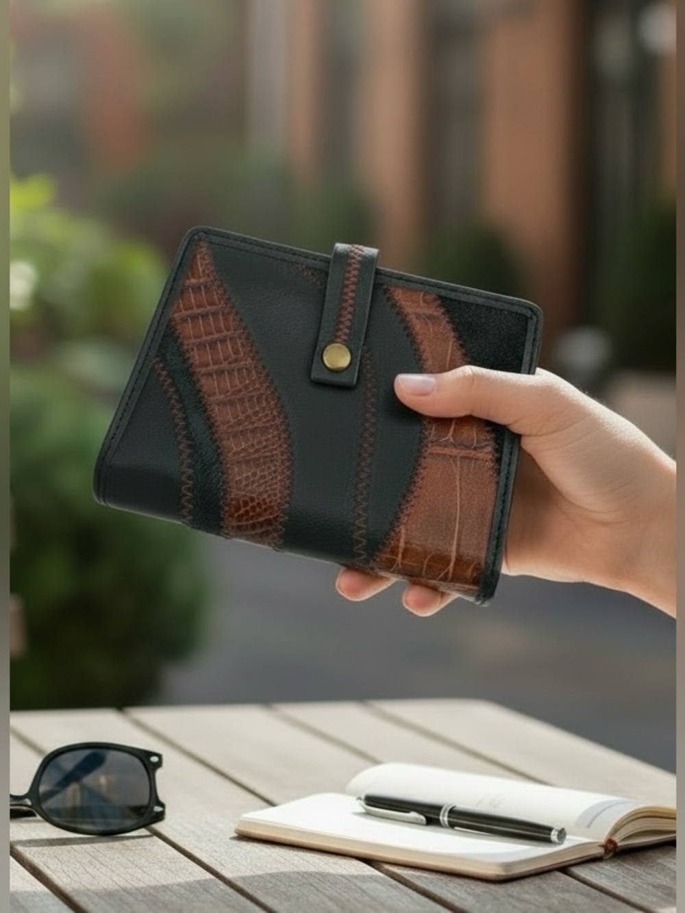 Fossil Leather Patchwork Wallet Black Brown Trifold